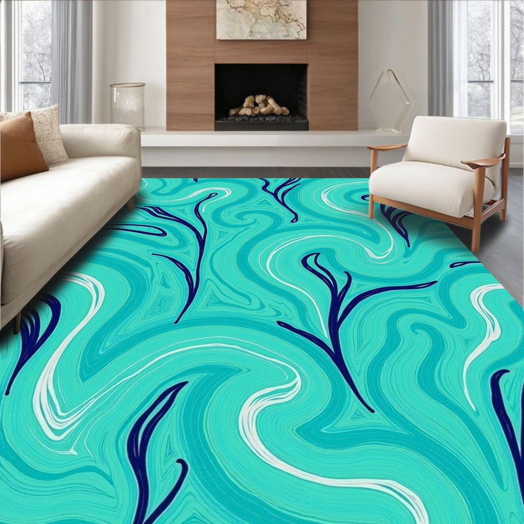 Teal Swirl Botanical Sprig Rug