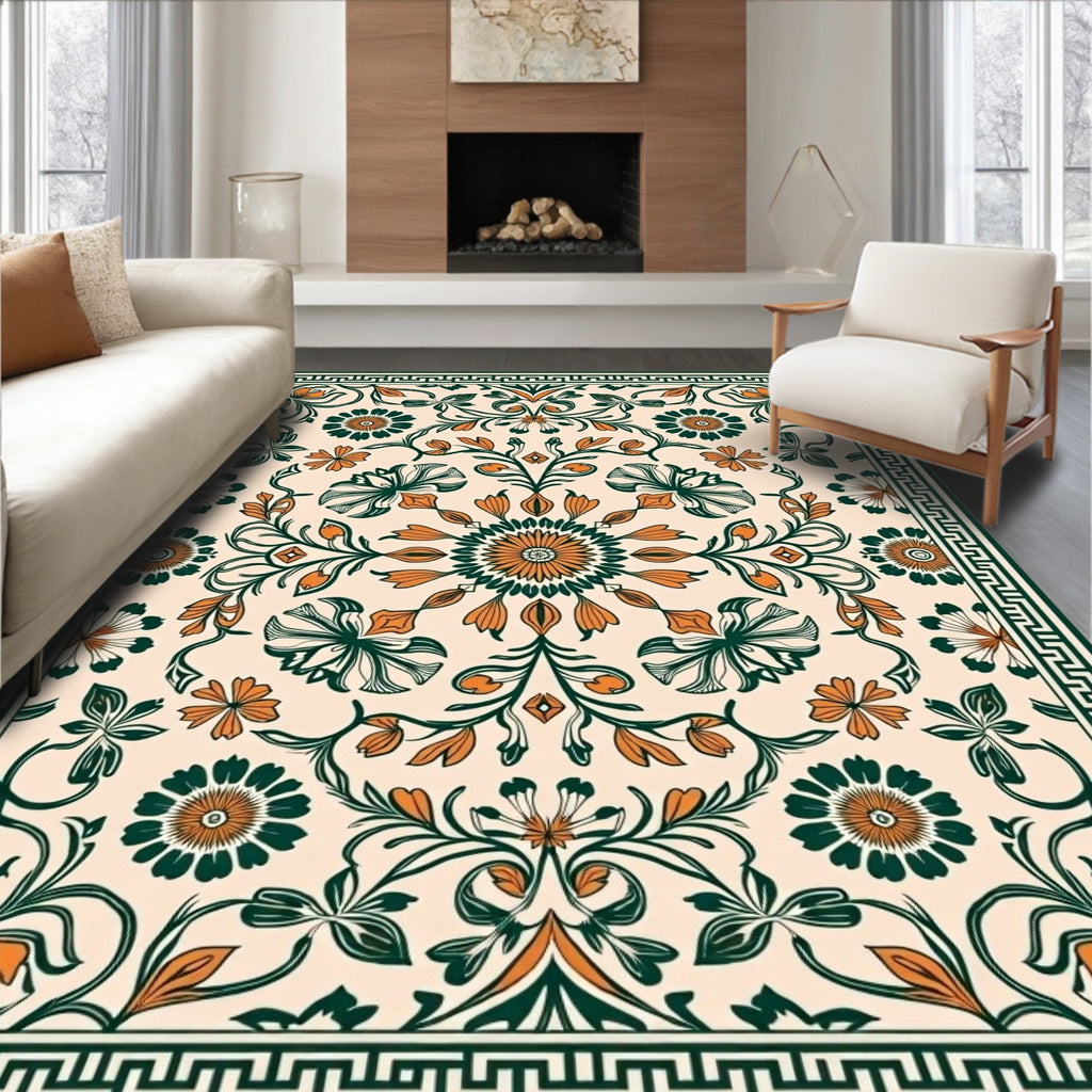 Classic Emerald Orange Floral Medallion Rug