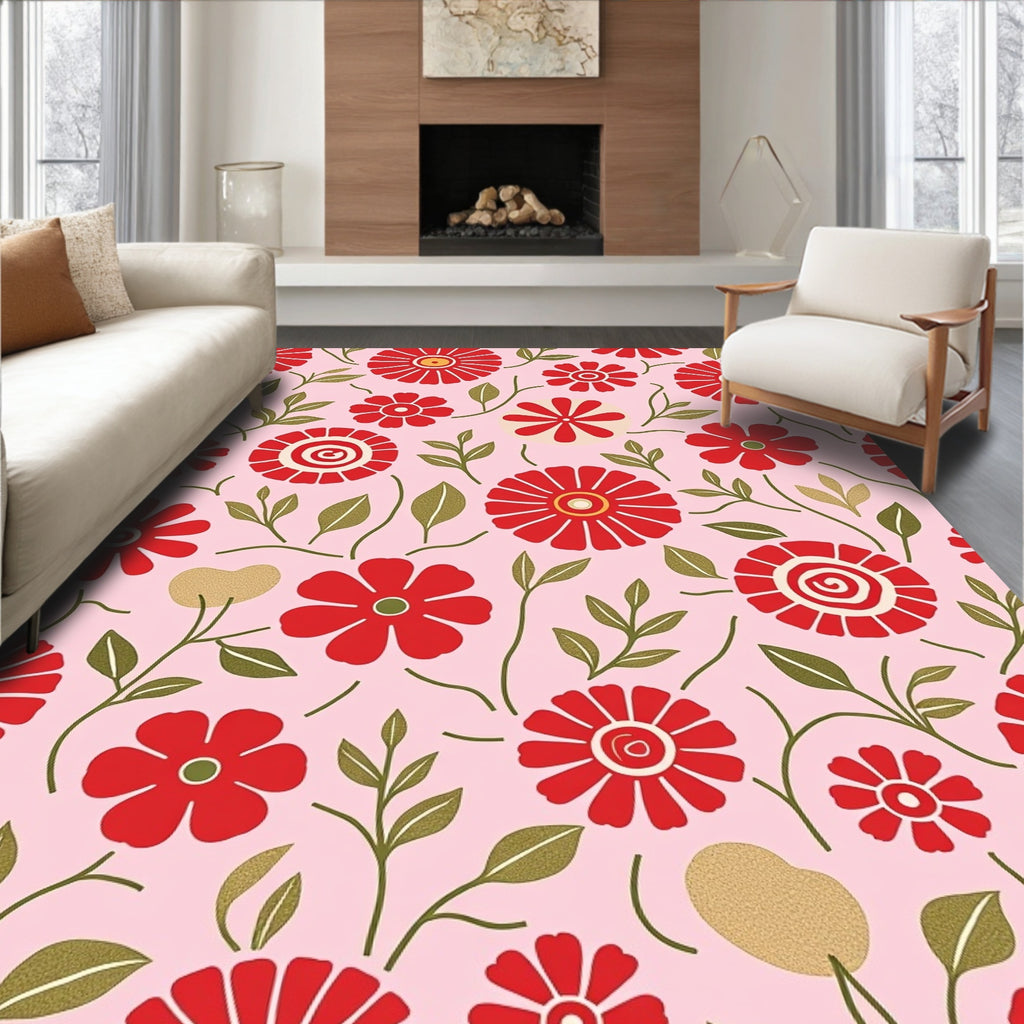 Retro Red Daisy Garden on Pink Rug