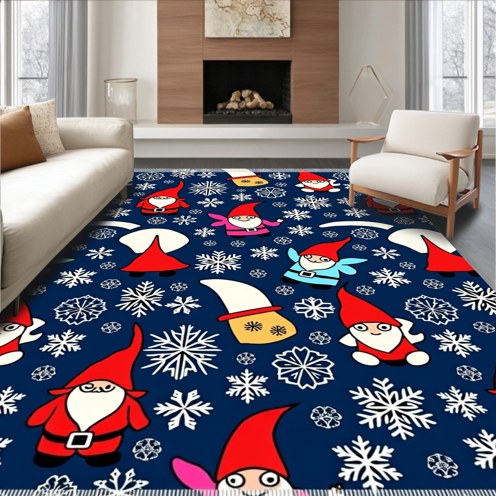 Charming red gnome snowflake collage Rug