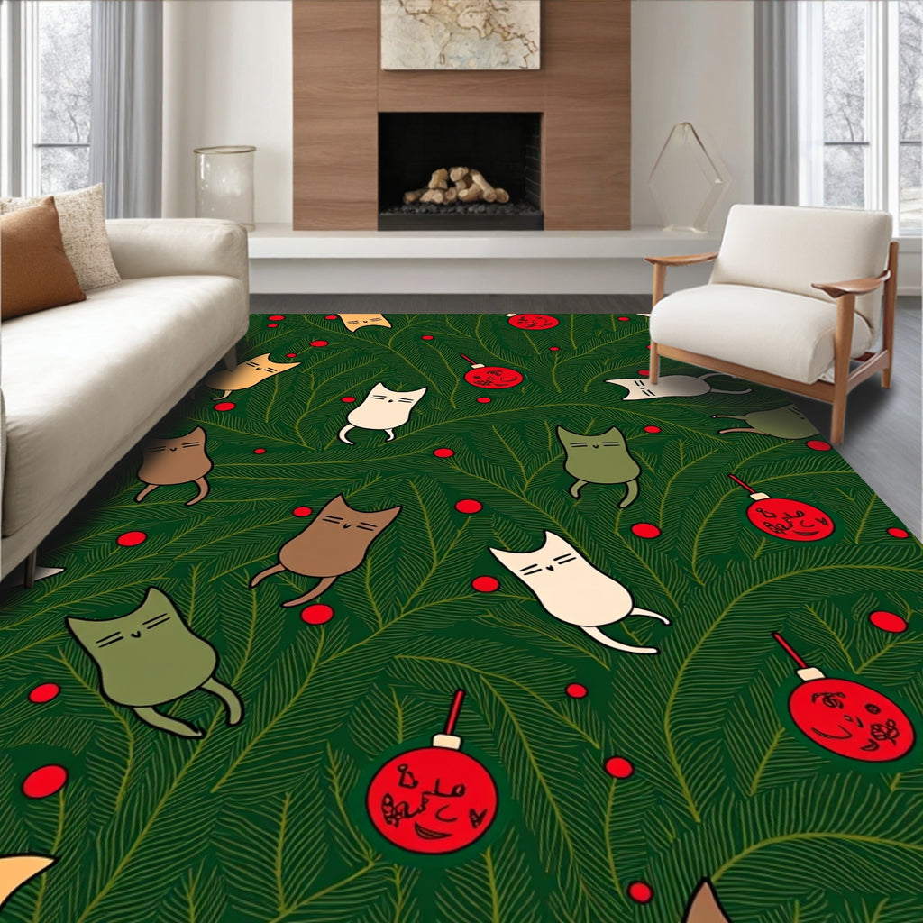 Festive Green Evergreen Whimsical Cat Ornaments Rug