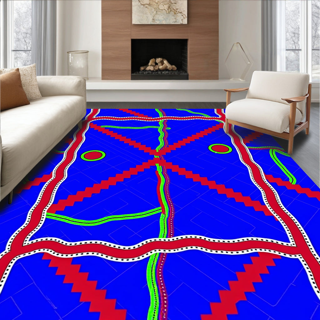 Bold Blue Red Zigzag Orb Rug