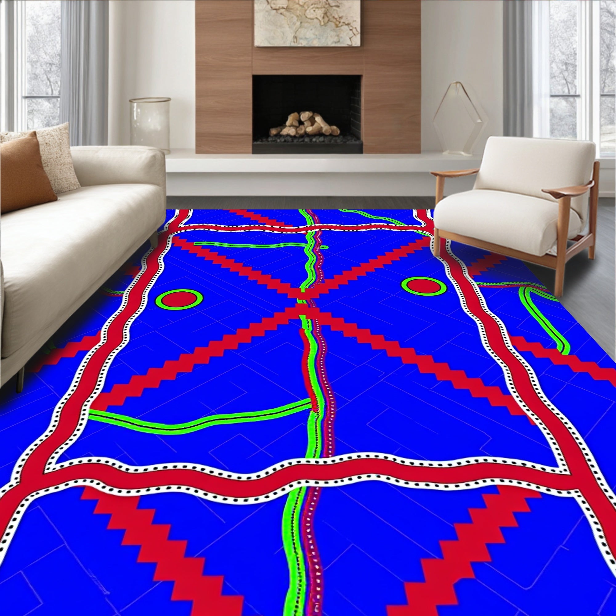 Bold Blue Red Zigzag Orb Rug