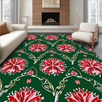 Crimson Floral Swirl Green Rug