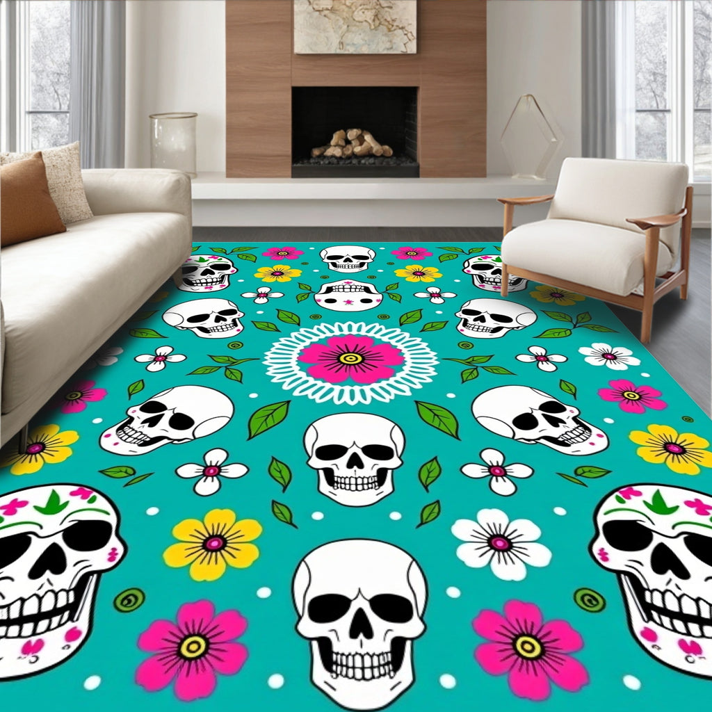 Teal Day of Dead Skulls Floral Swirls Rug