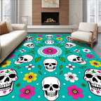 Teal Day of Dead Skulls Floral Swirls Rug