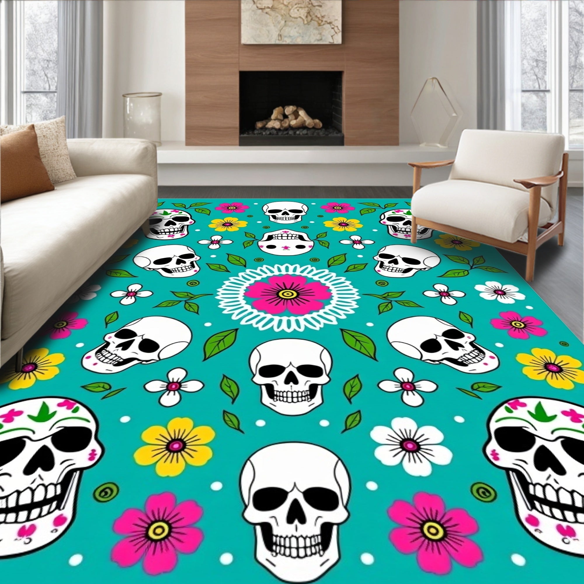 Teal Day of Dead Skulls Floral Swirls Rug