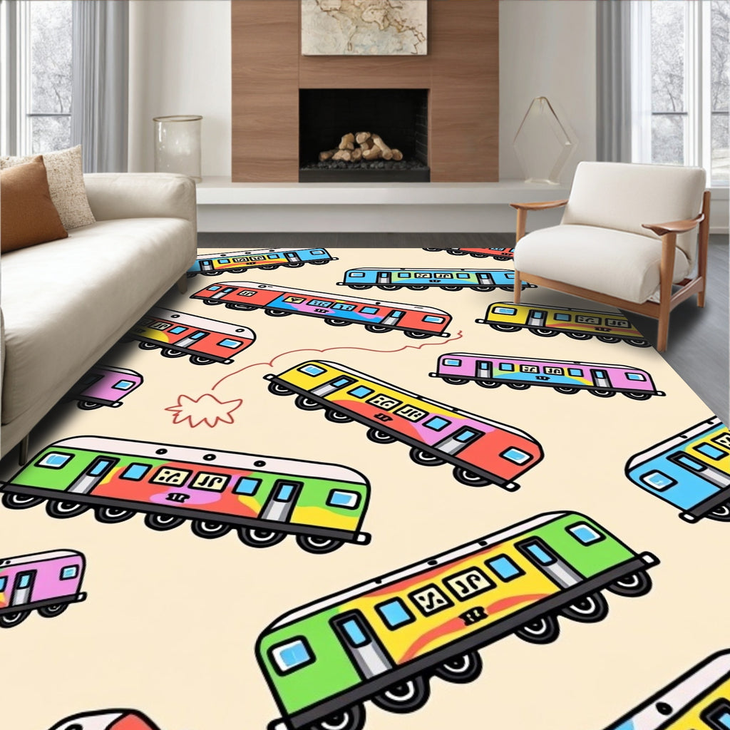 Colorful Cartoon Train Car Collection Rug