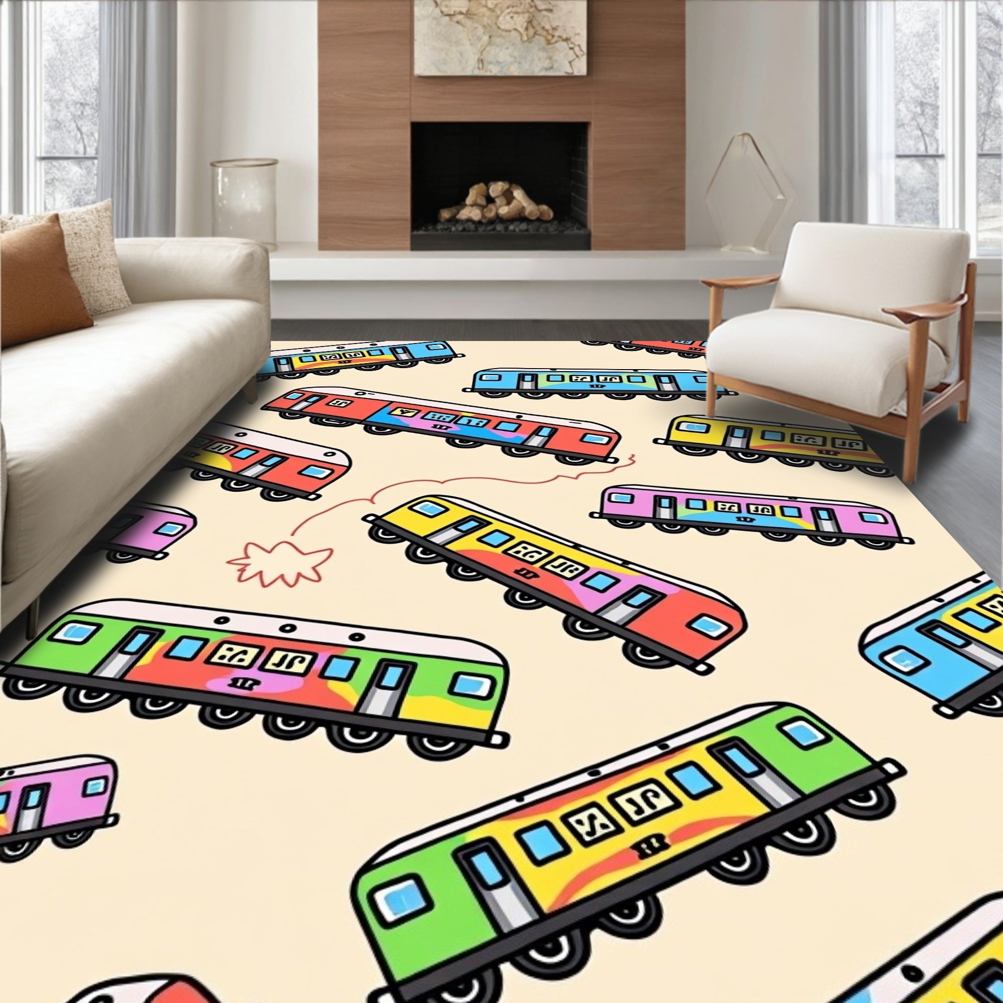 Colorful Cartoon Train Car Collection Rug