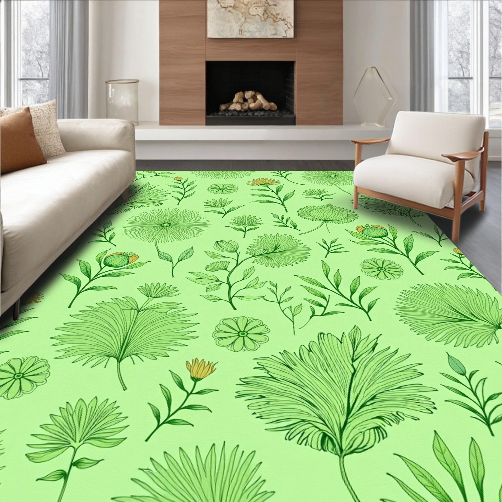 Delicate Green Botanical Nature Meadow Rug