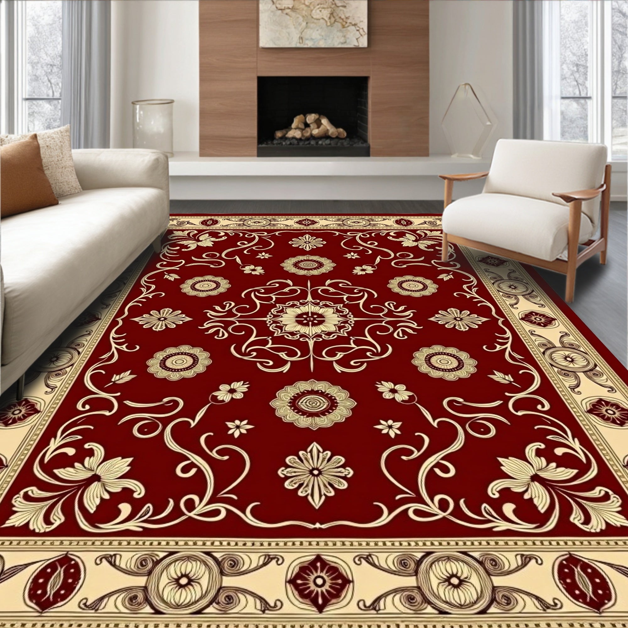 Crimson Floral Medallion Statement Rug