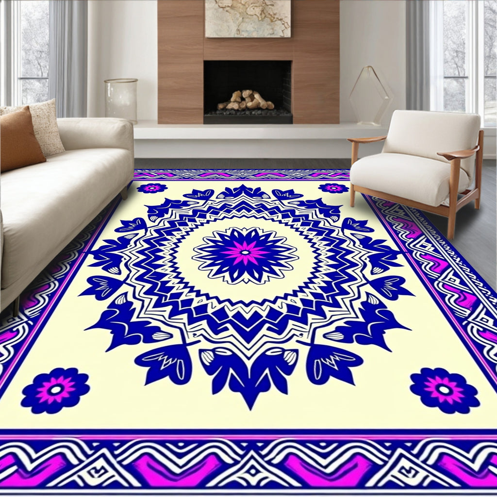 Vibrant Blue Floral Medallion Border Rug