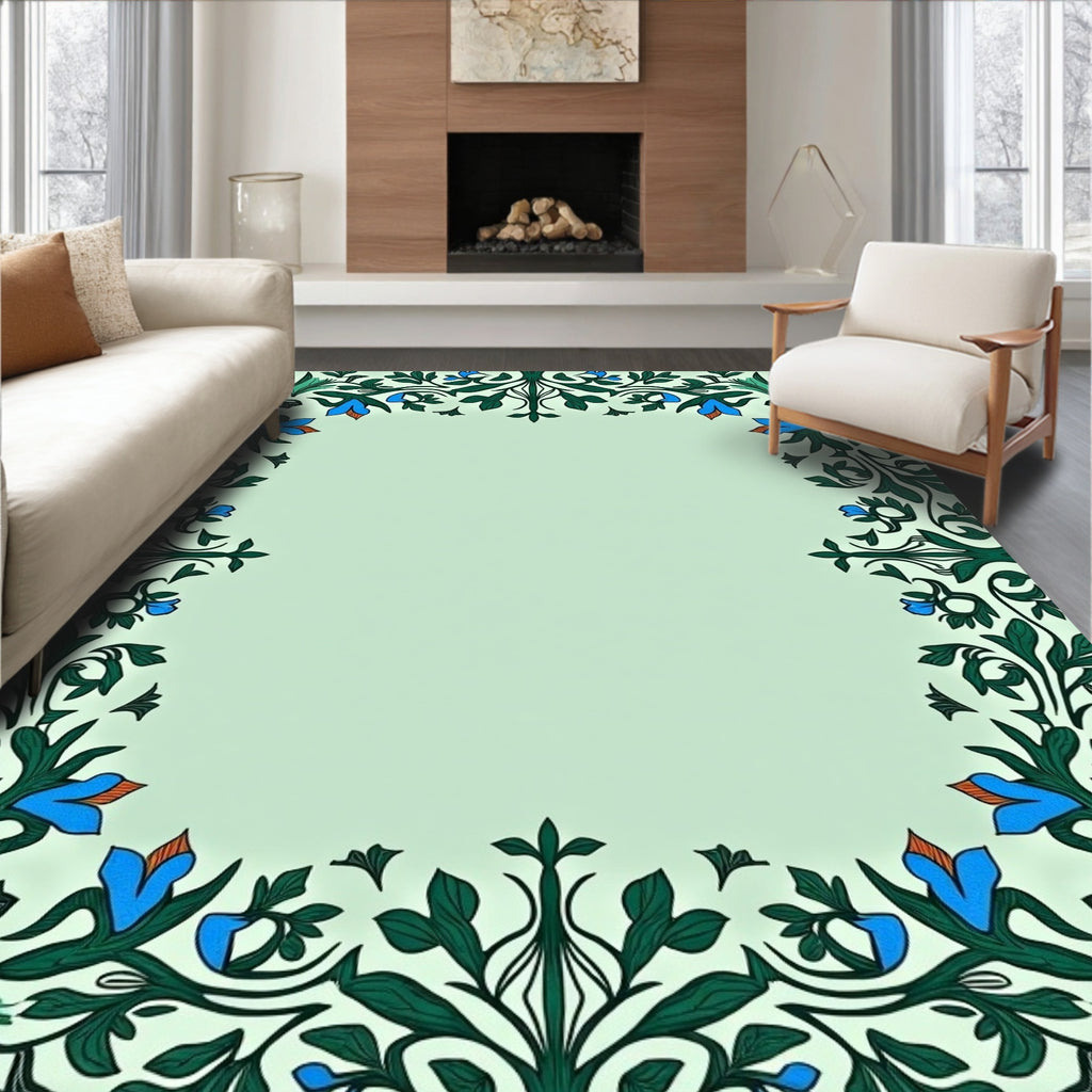 Elegant Blue Floral Border Art Rug