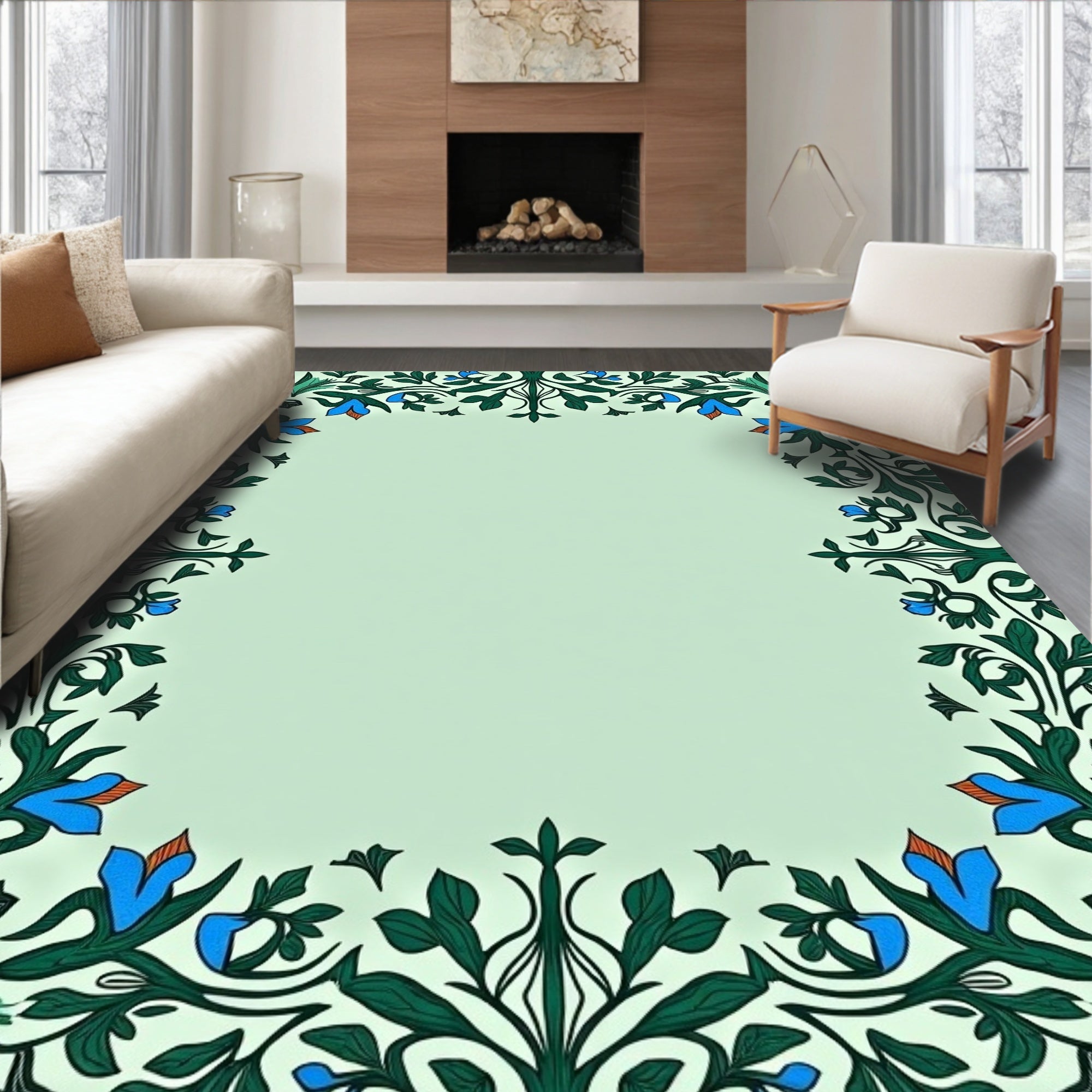 Elegant Blue Floral Border Art Rug