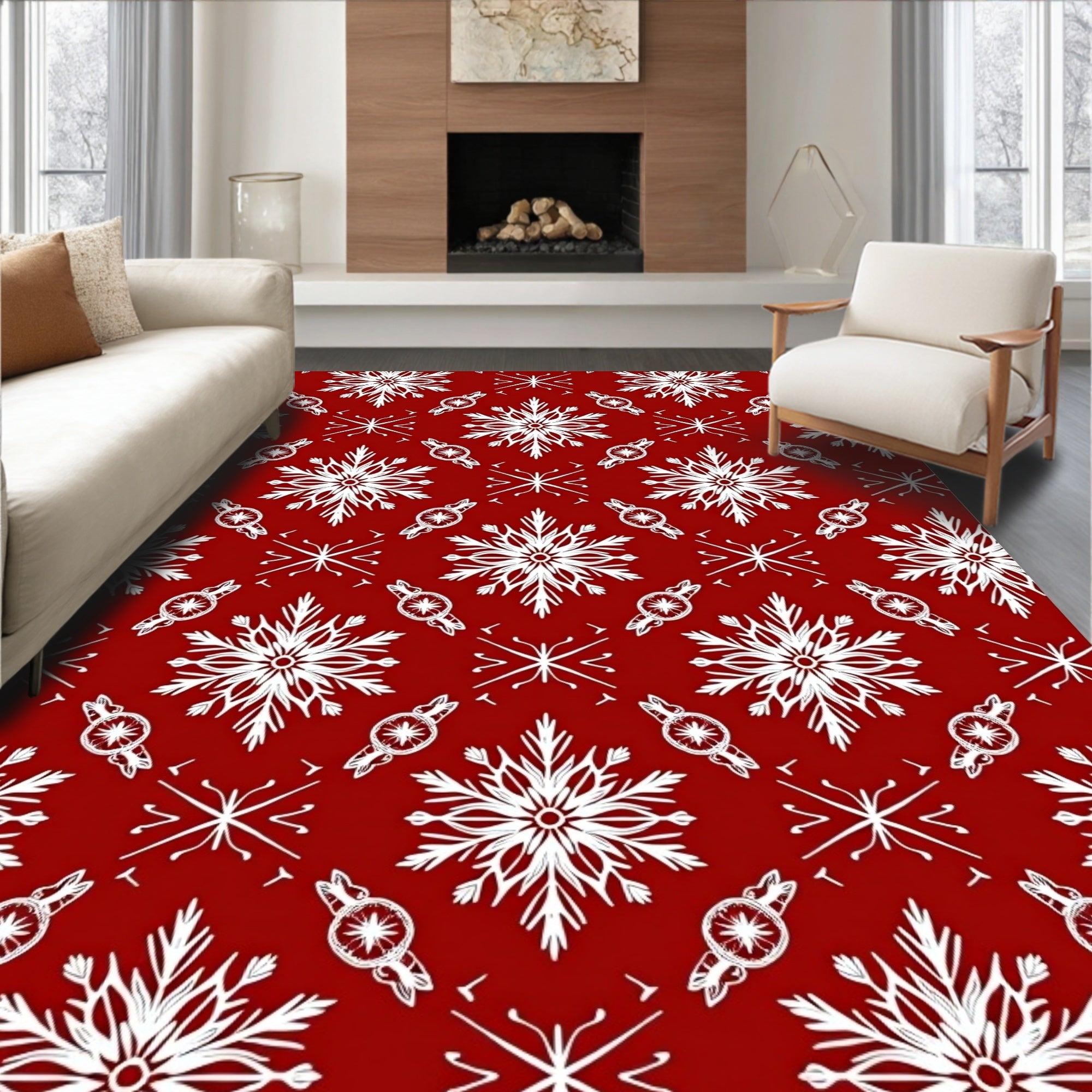 Red White Snowflake Holiday Medallion Rug