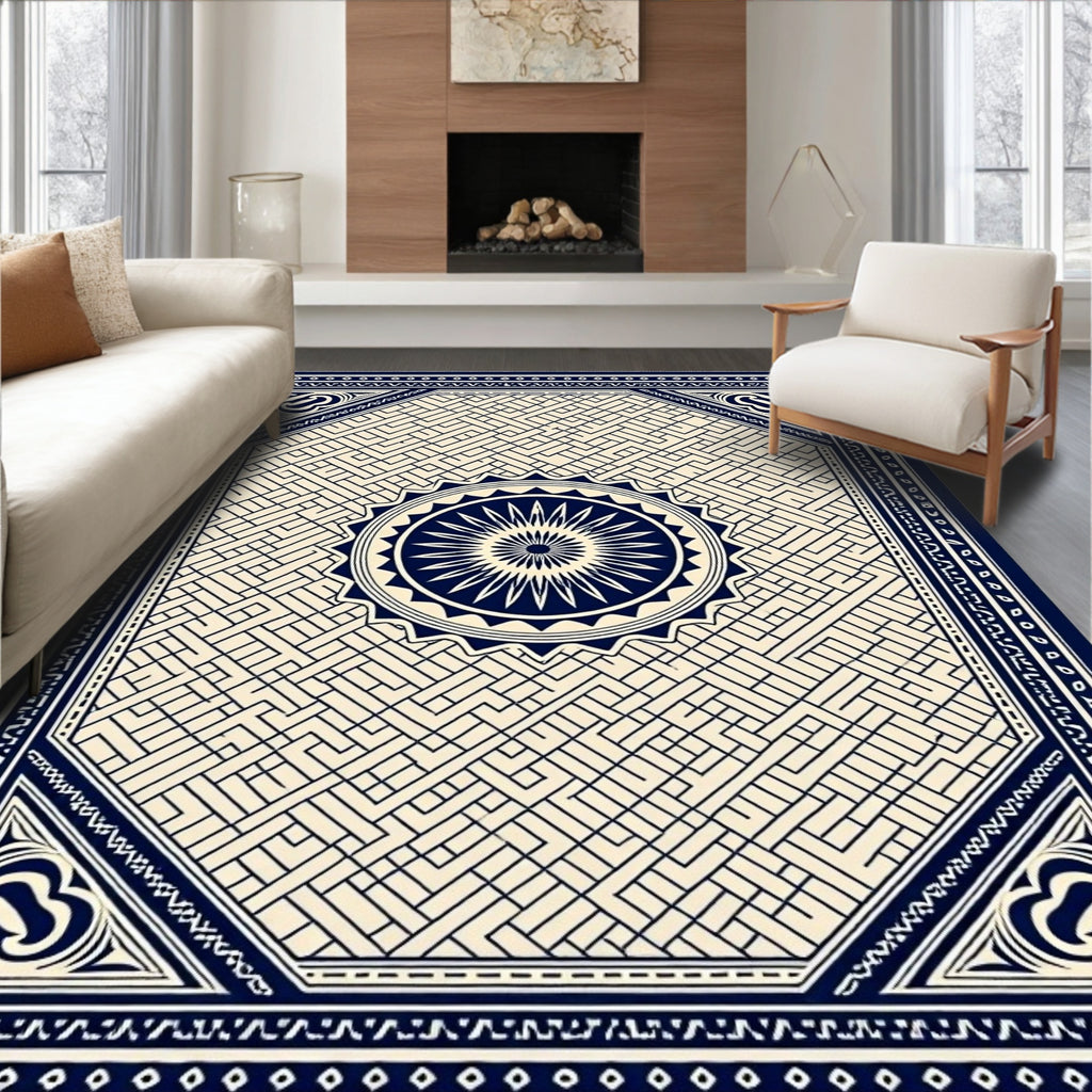 Navy Cream Geometric Maze Medallion Rug