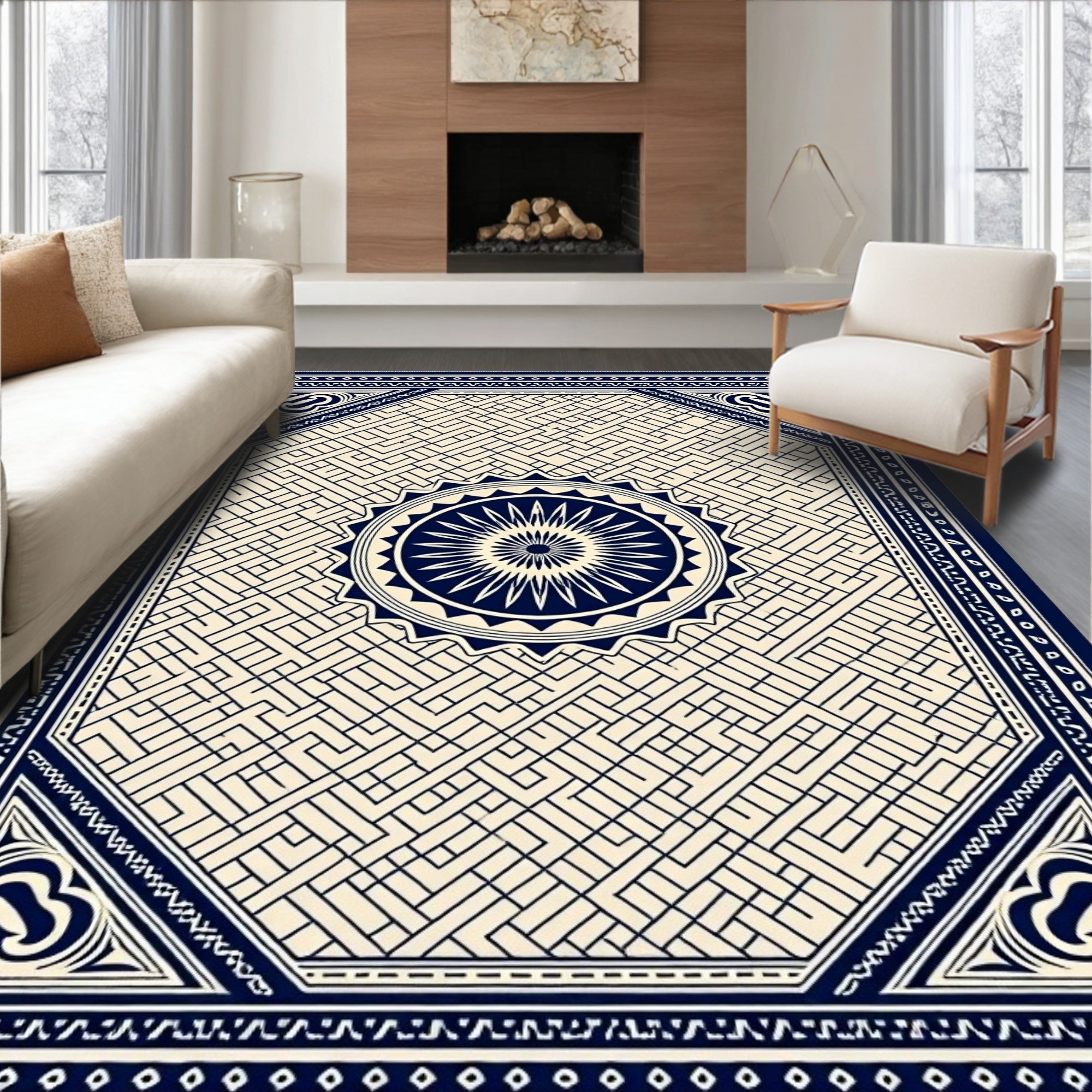 Navy Cream Geometric Maze Medallion Rug