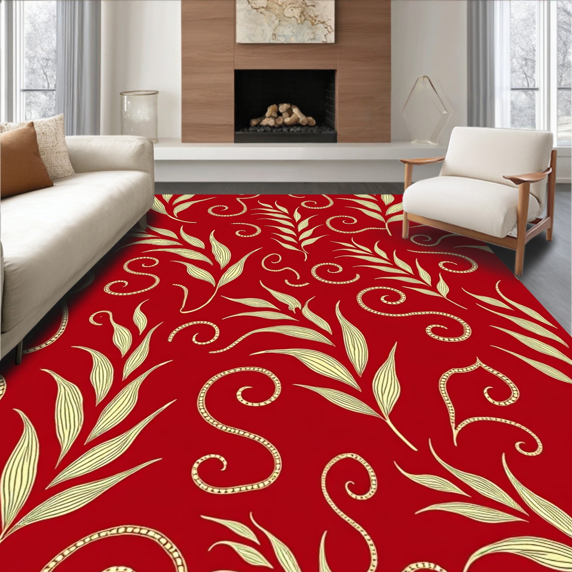 Crimson Vine Swirl Floral Rug