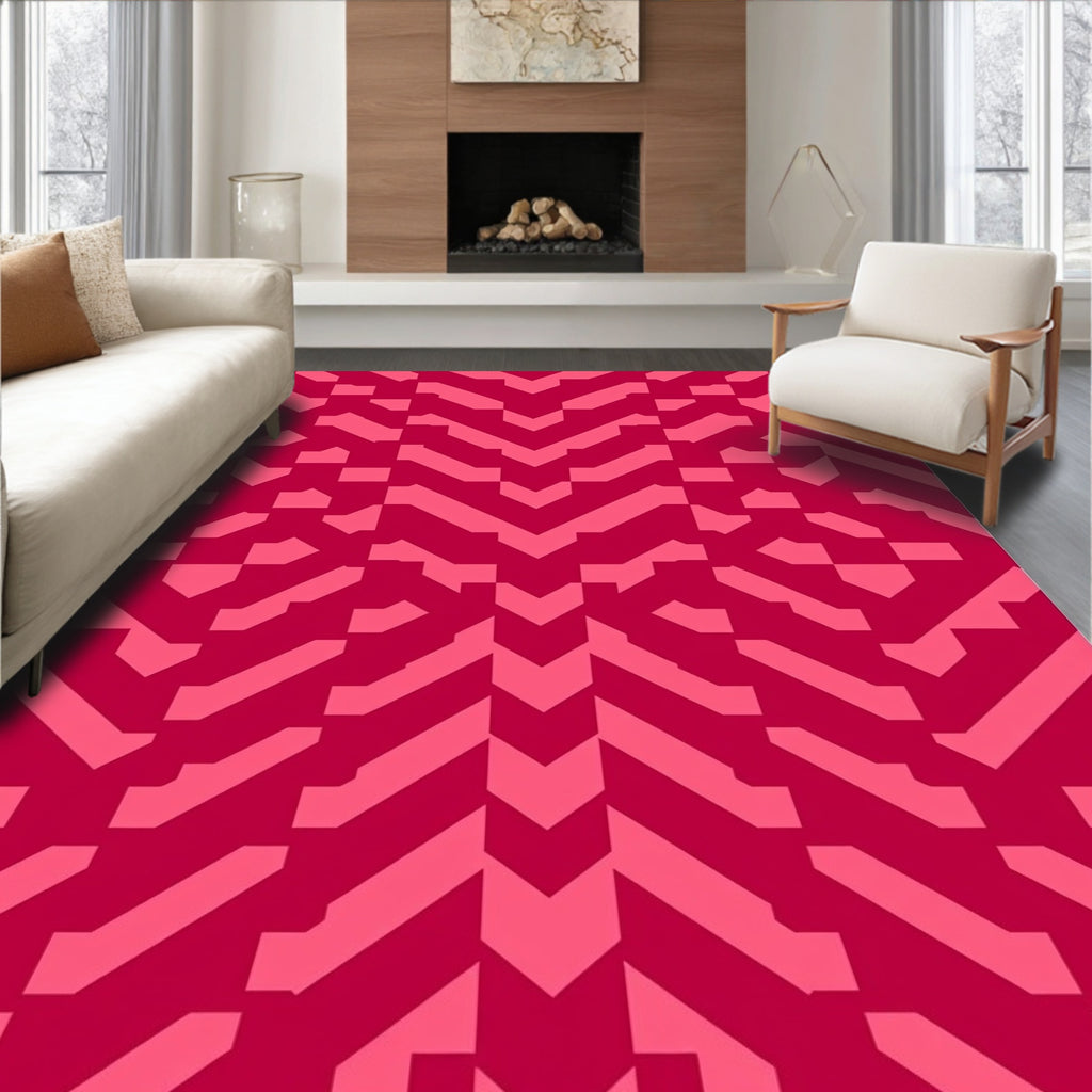 Crimson Pink Geometric Chevron Layered Rug
