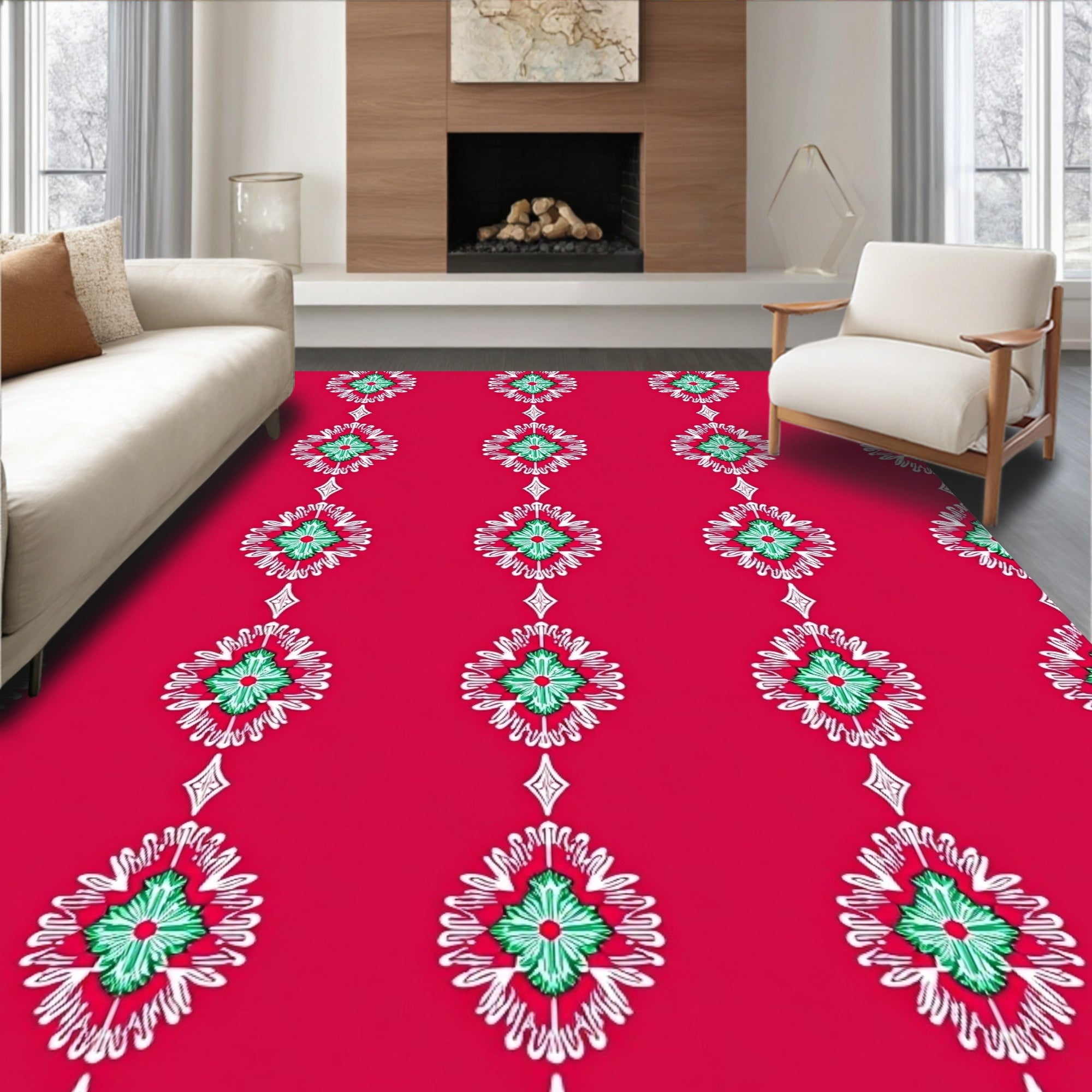 Crimson Green Diamond Medallion Repeat Rug