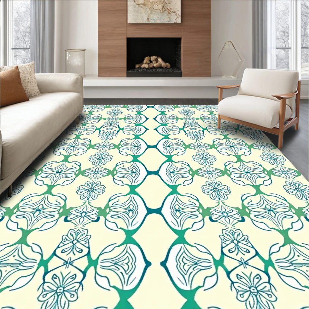 Art Deco Teal Floral Medallion Rug