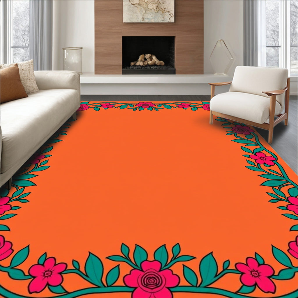 Vibrant Pink Floral Vine Border Rug