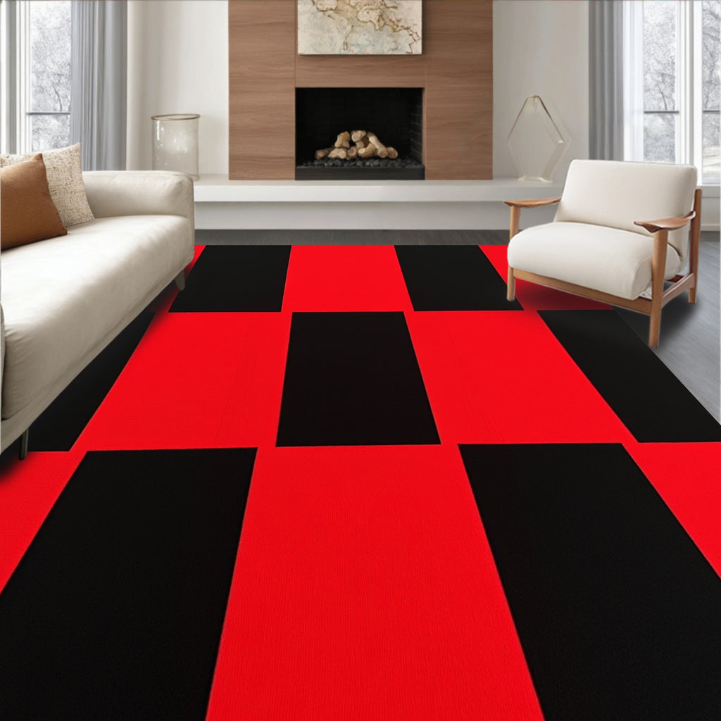 Bold Red Black Checkerboard Squares Rug