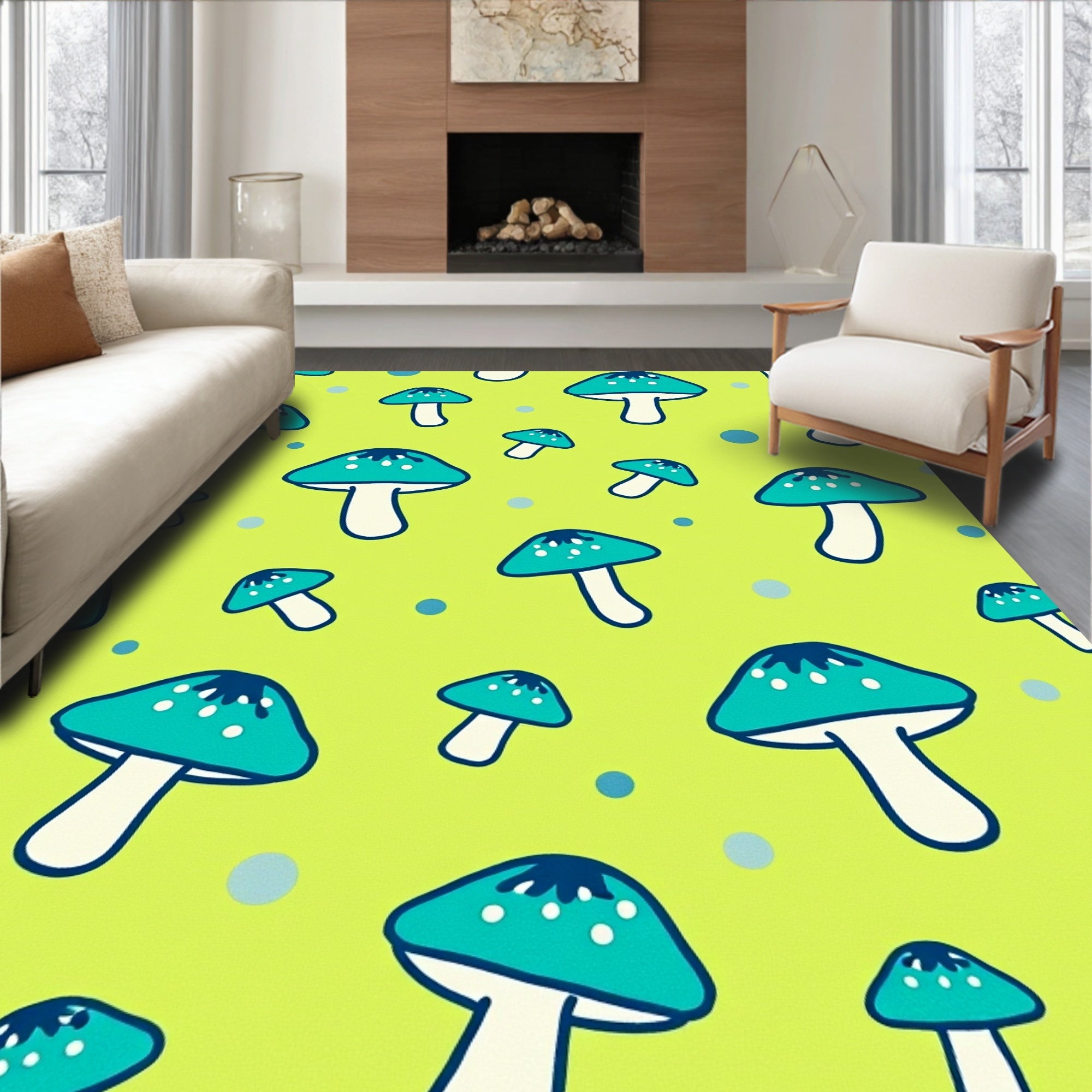 Teal Mushroom Dots Lime Background Rug