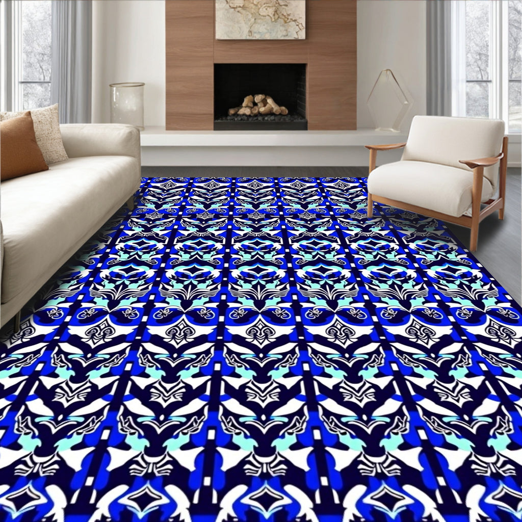 Electric Blue White Floral Damask Rug