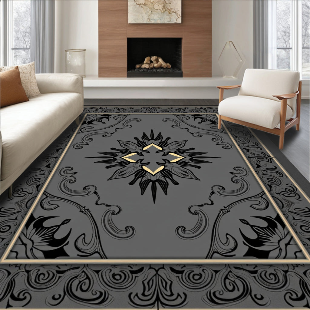 Gray Black Floral Crest Medallion Rug