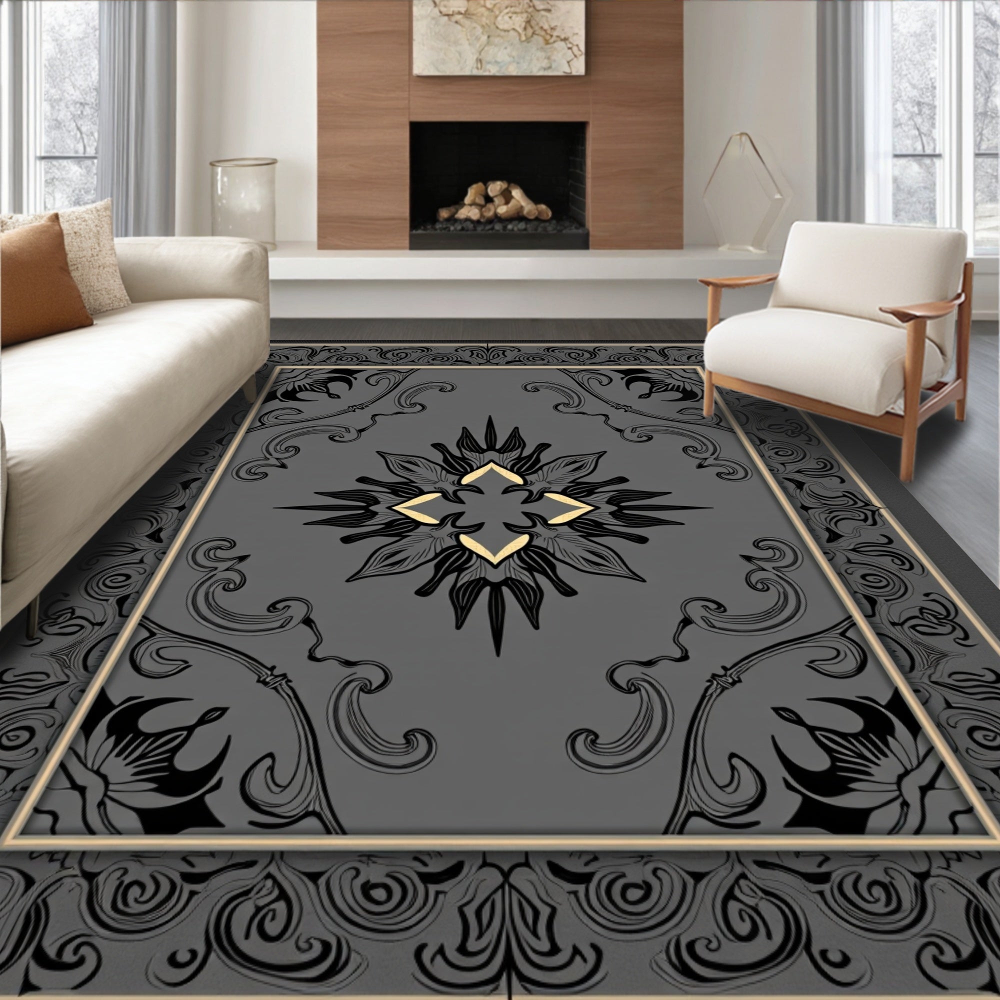 Gray Black Floral Crest Medallion Rug