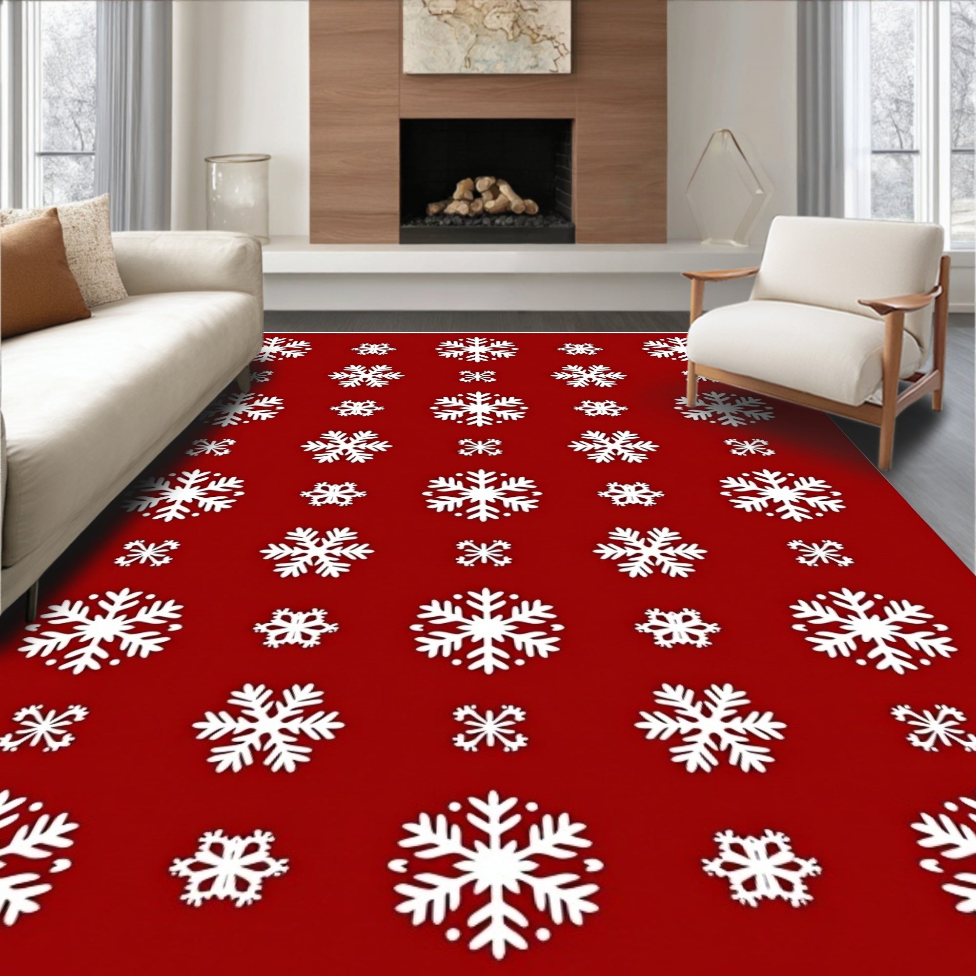 Winter Red Snowflake Cluster Rug