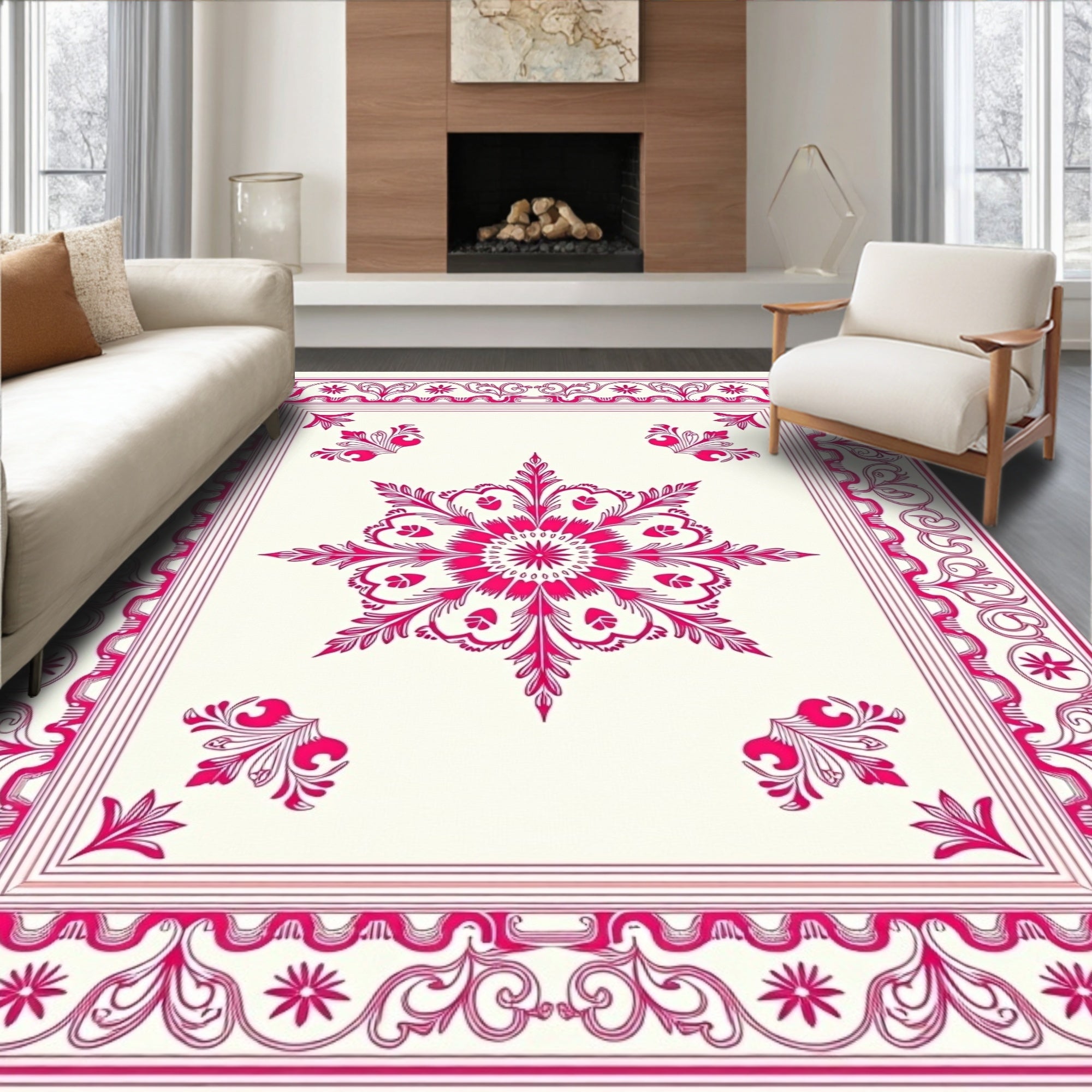 Vibrant Pink Floral Medallion Border Rug
