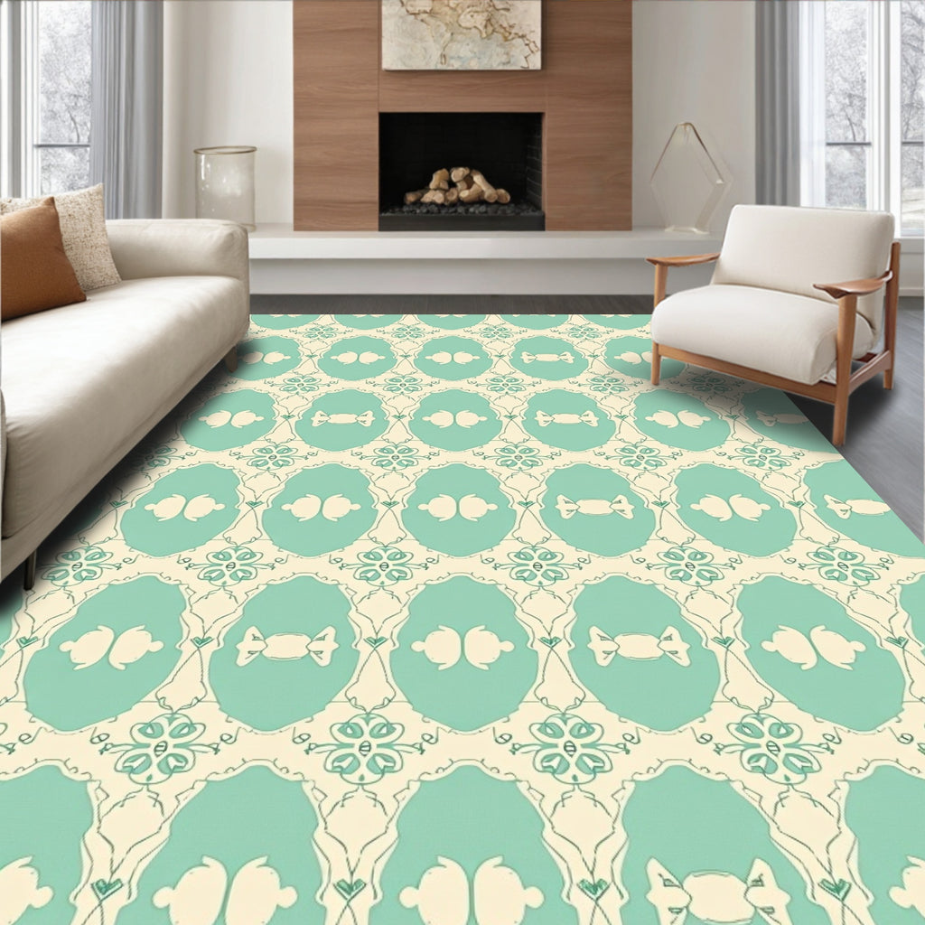 Aqua Cream Oval Scroll Floral Rug