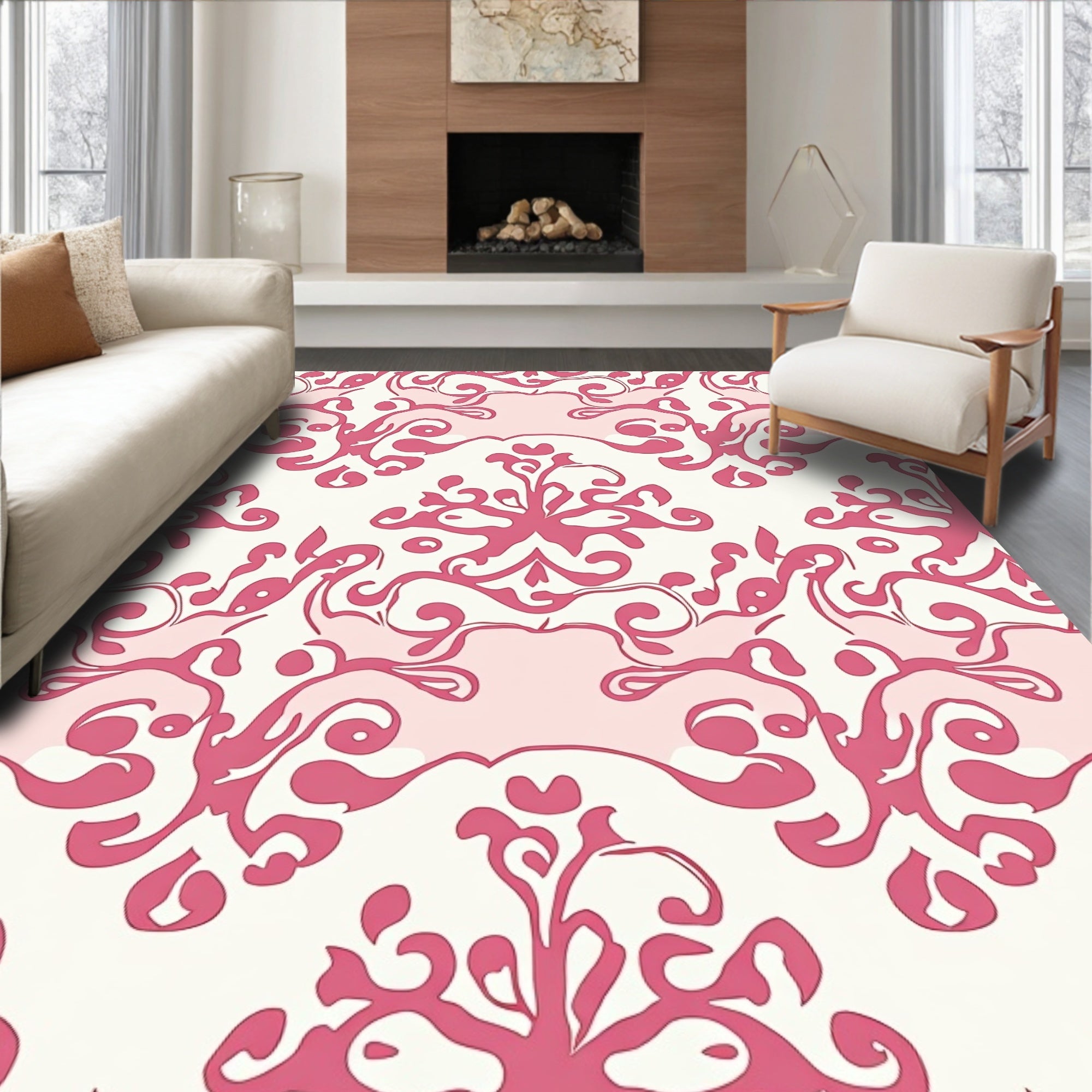 Crimson Floral Scrolls Damask Rug