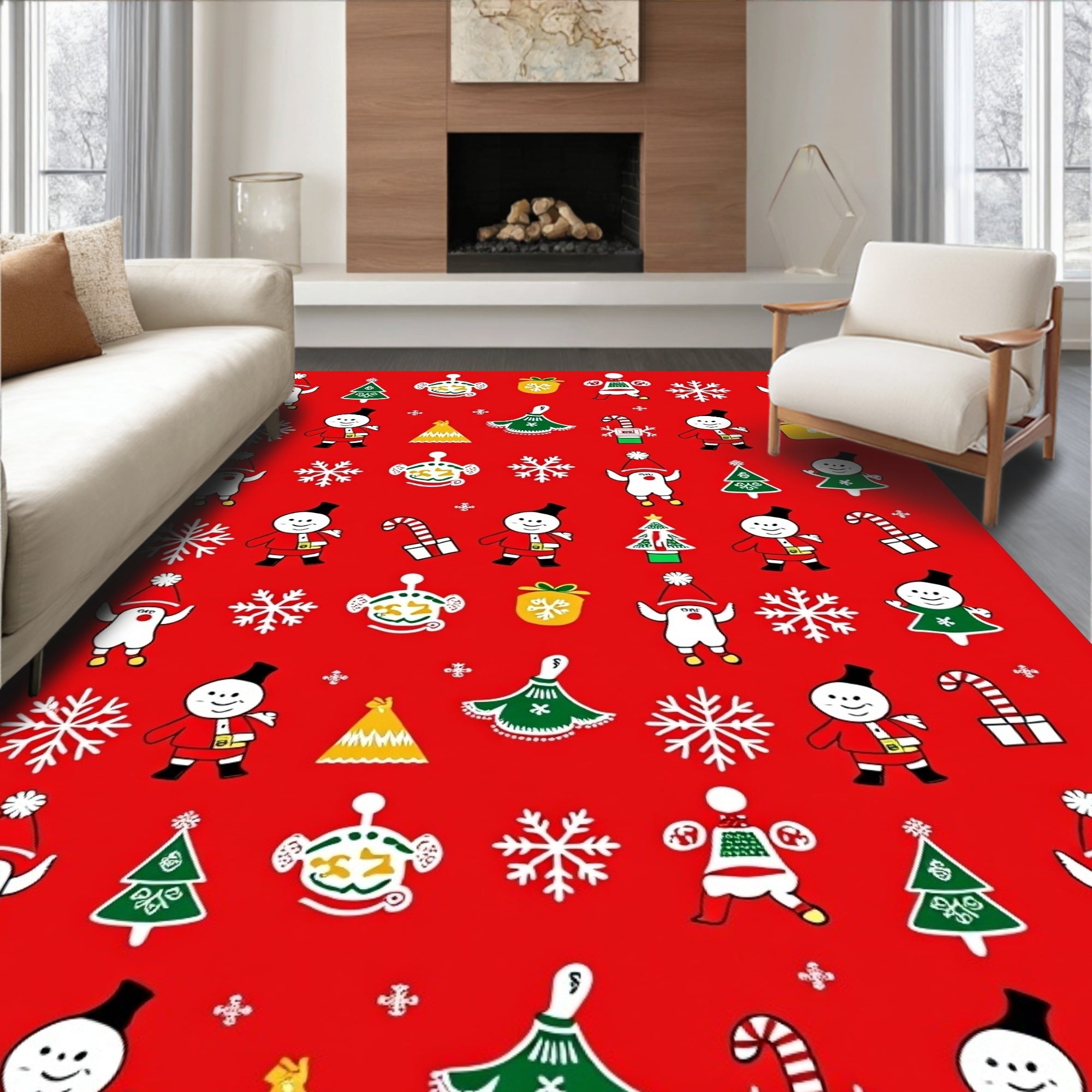 Red Merry Christmas Festive Characters Rug
