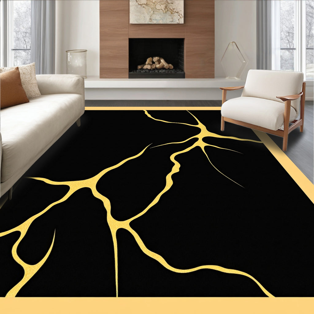Black Gold Cracked Kintsugi Art Rug