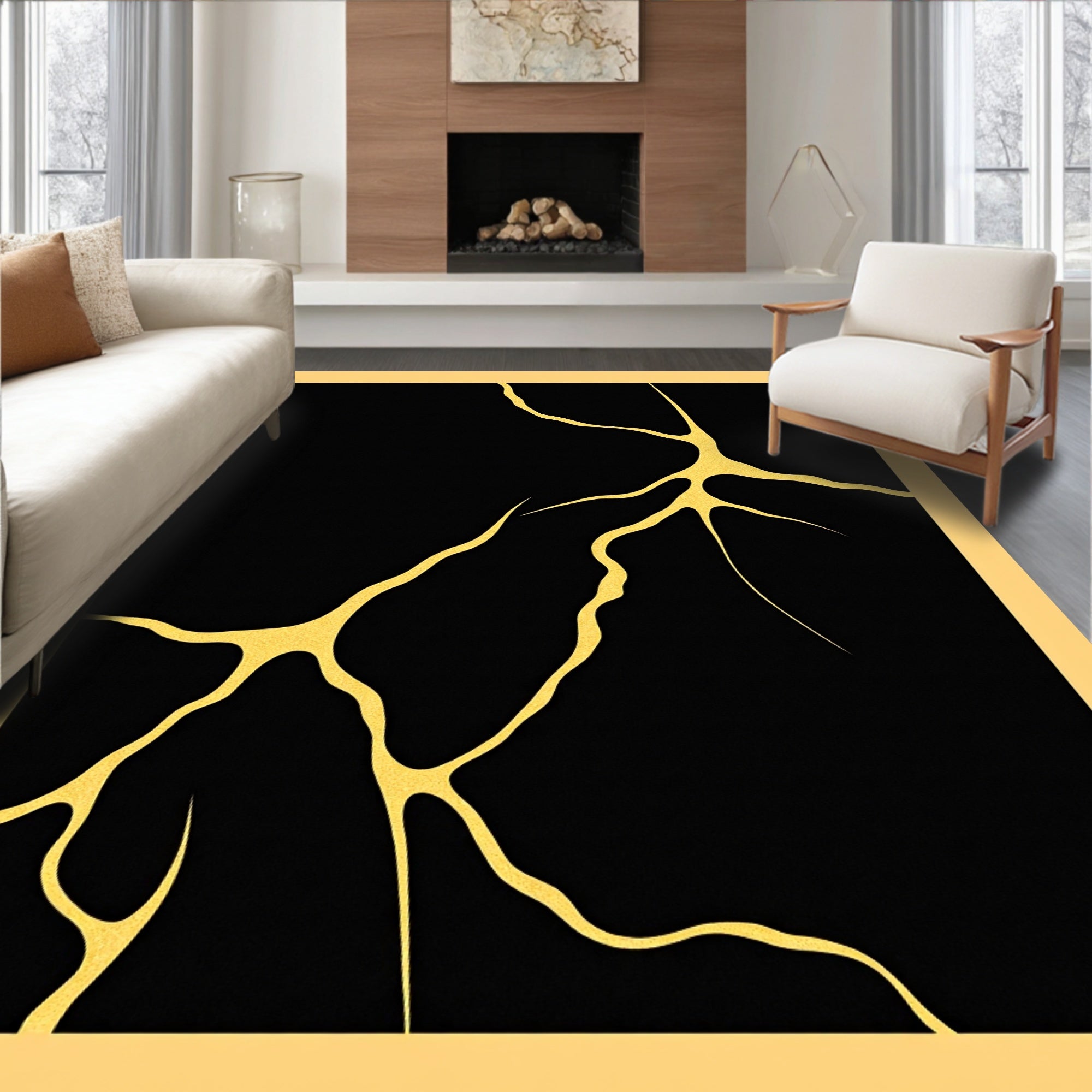 Black Gold Cracked Kintsugi Art Rug