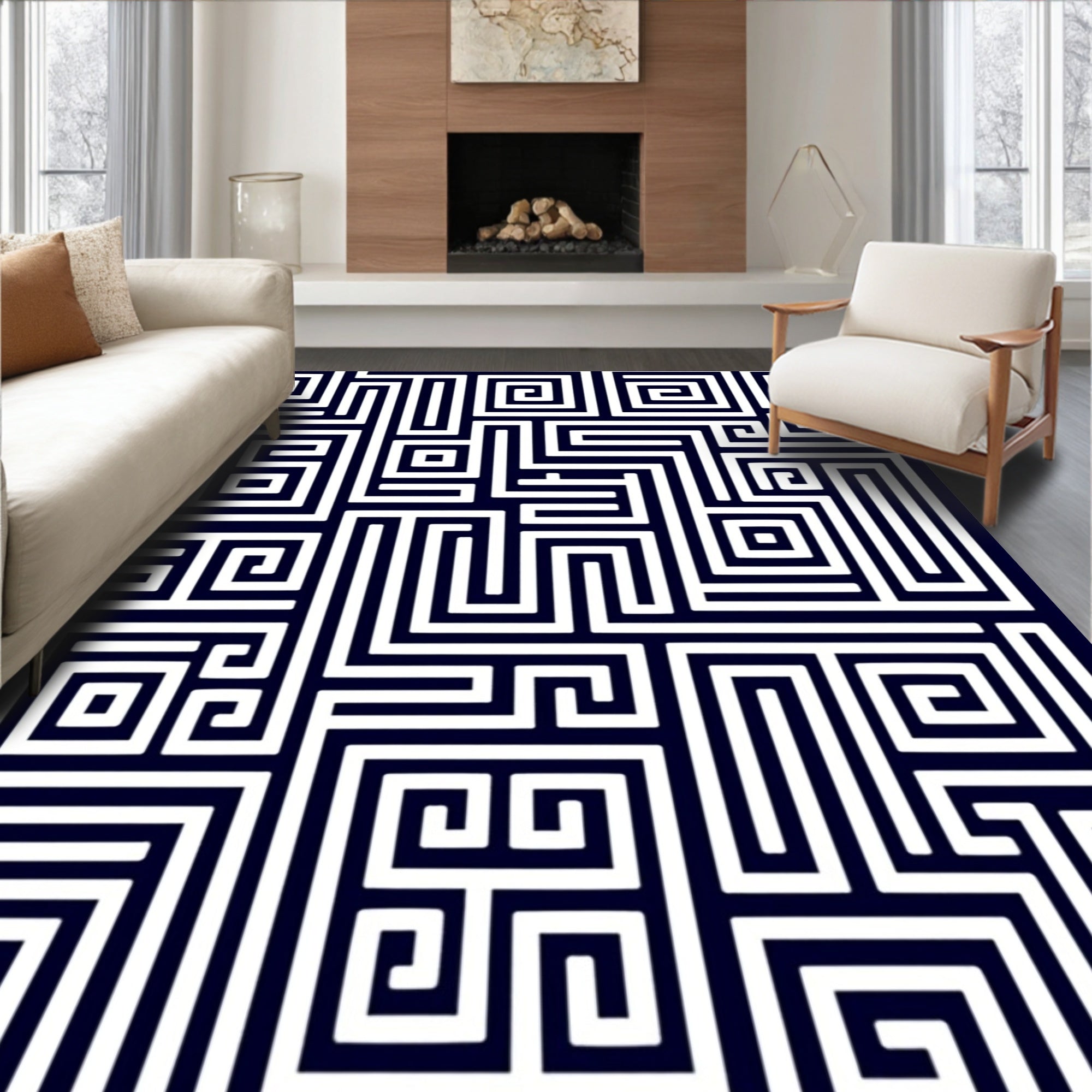 Indigo White Geometric Maze Rug