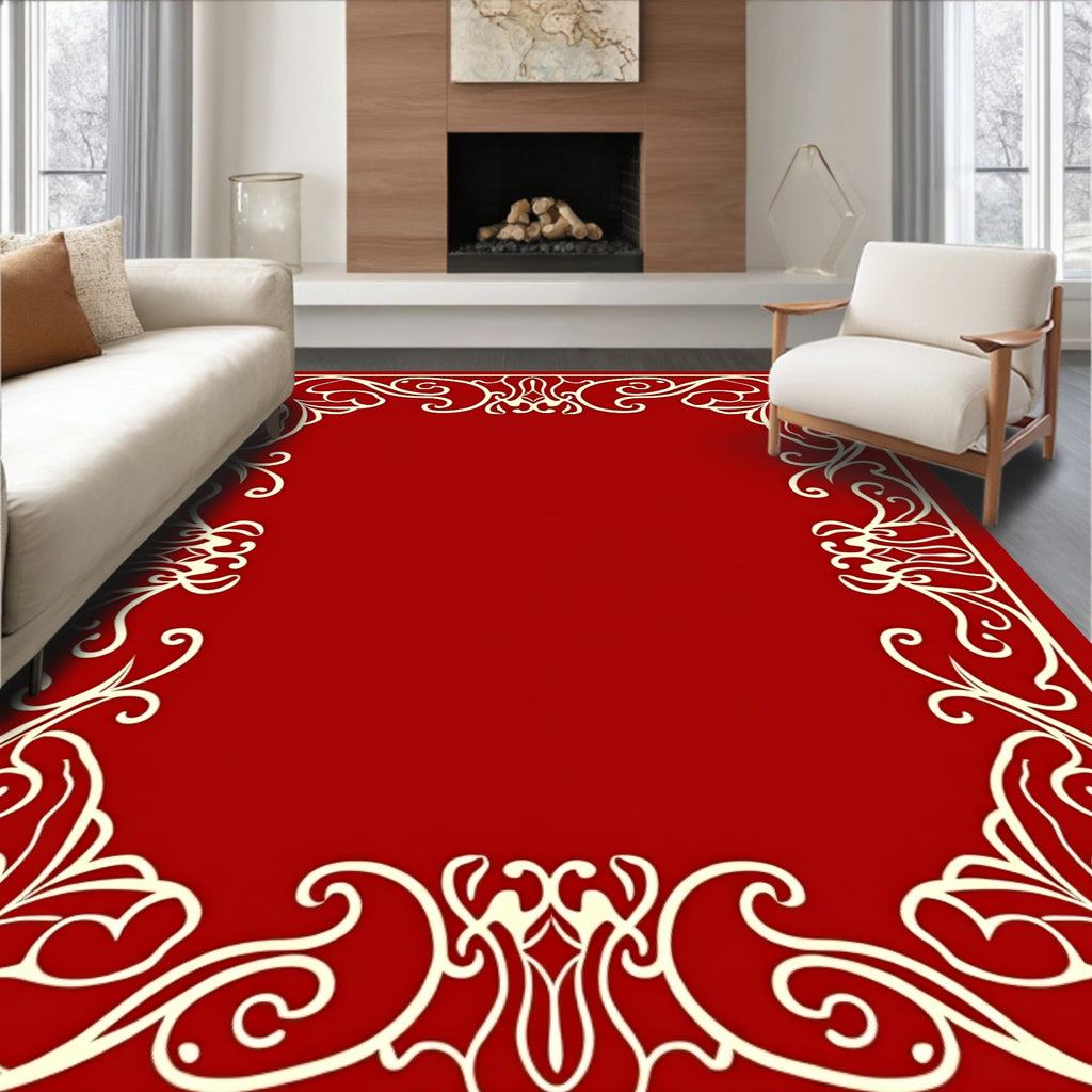 Ornate Ivory Scrolling Floral Frame Rug