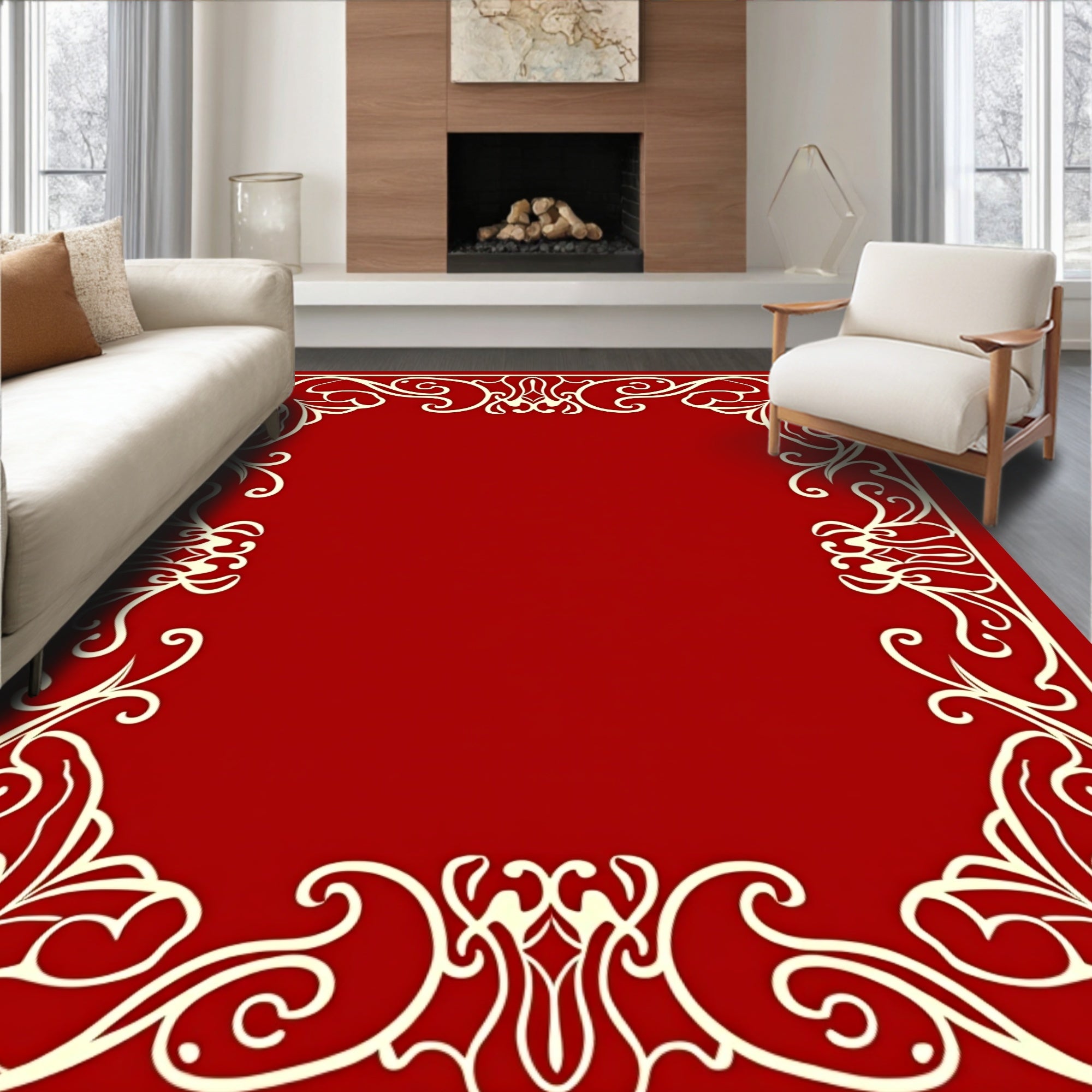 Ornate Ivory Scrolling Floral Frame Rug