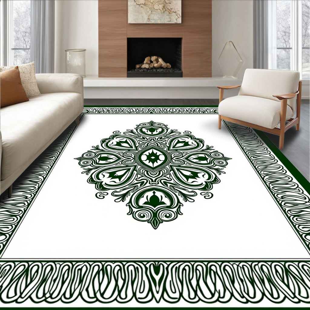 Formal Green Medallion Border Rug