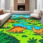 Prehistoric Dino River Landscape Scene Rug