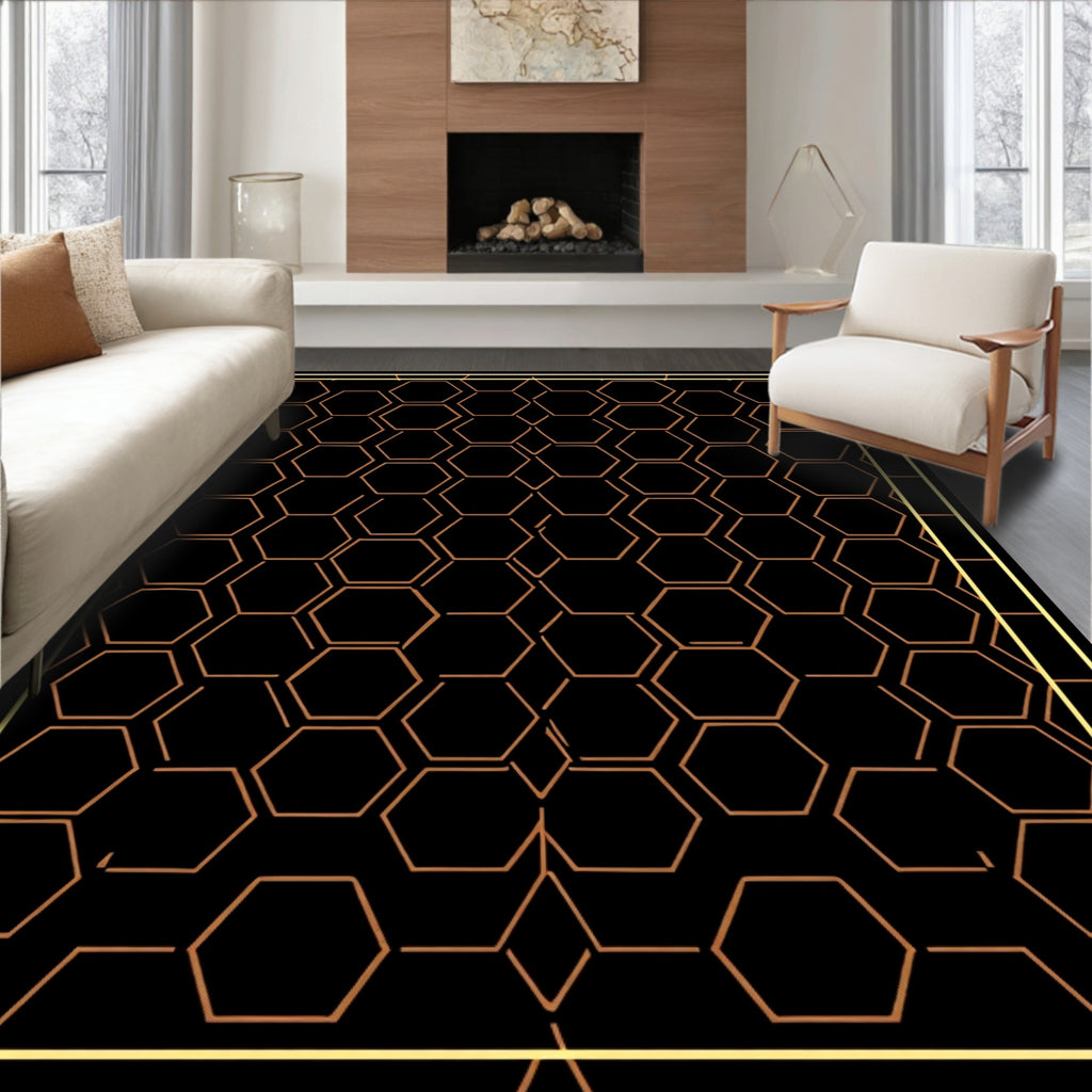 Golden Honeycomb Black Geometric Rug