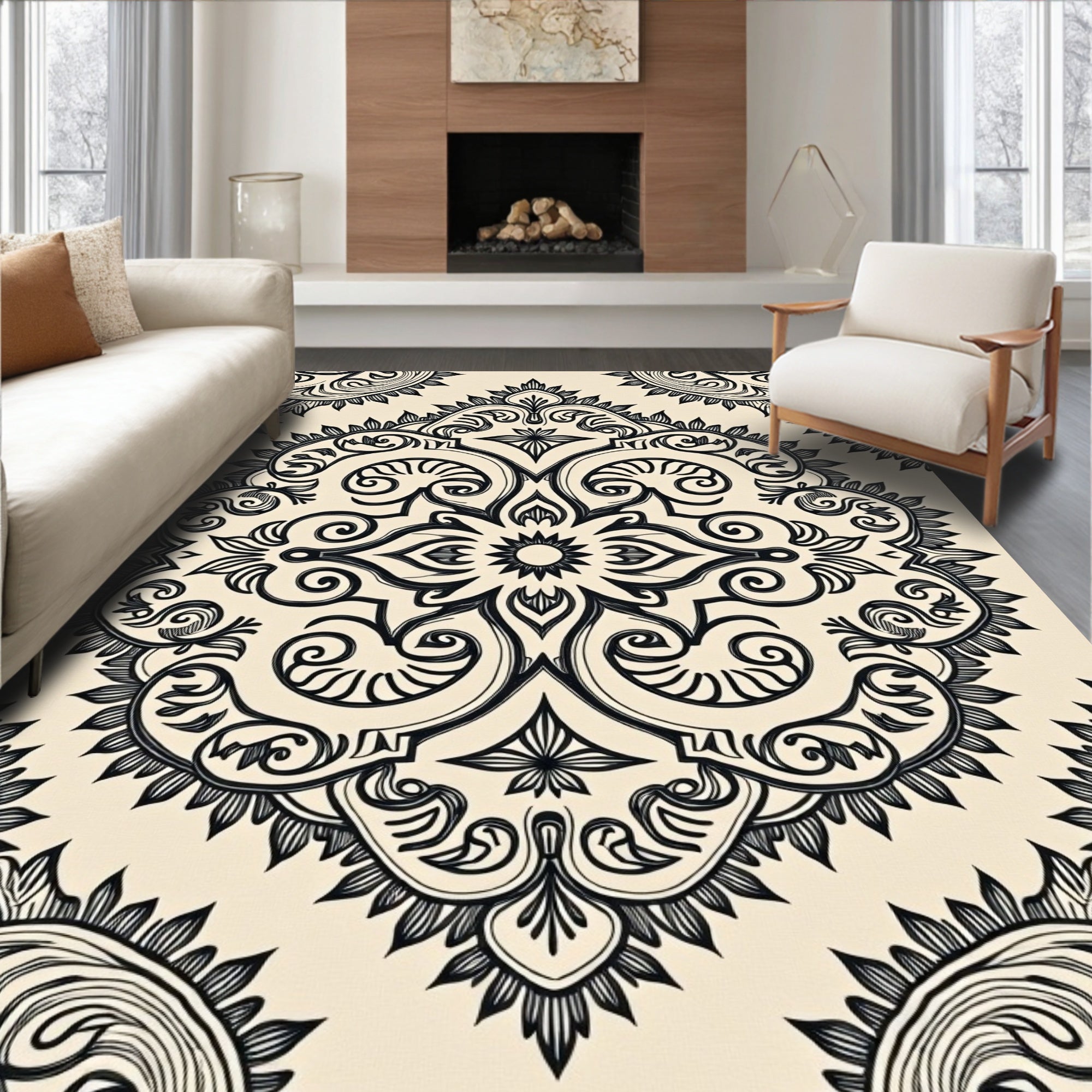 Cream Black Floral Medallion Rug