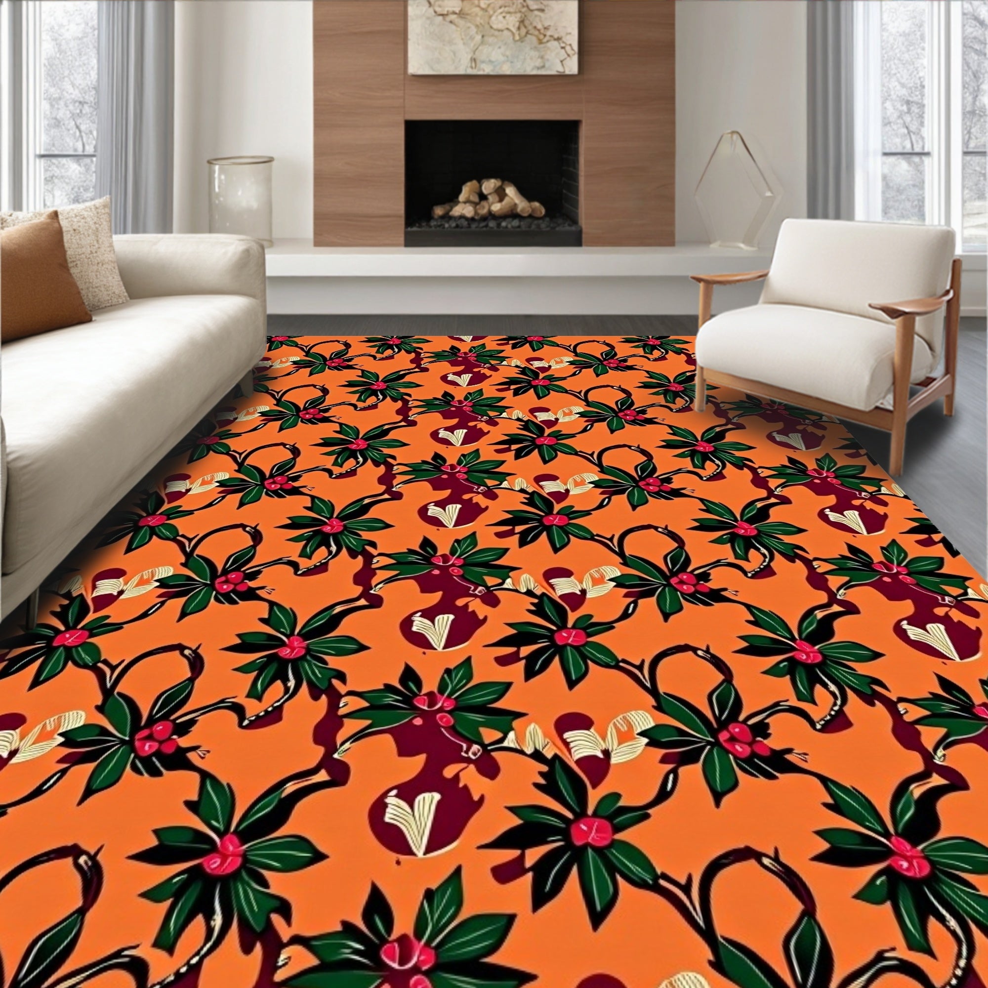 Tropical Orange Scarlet Floral Botanical Rug