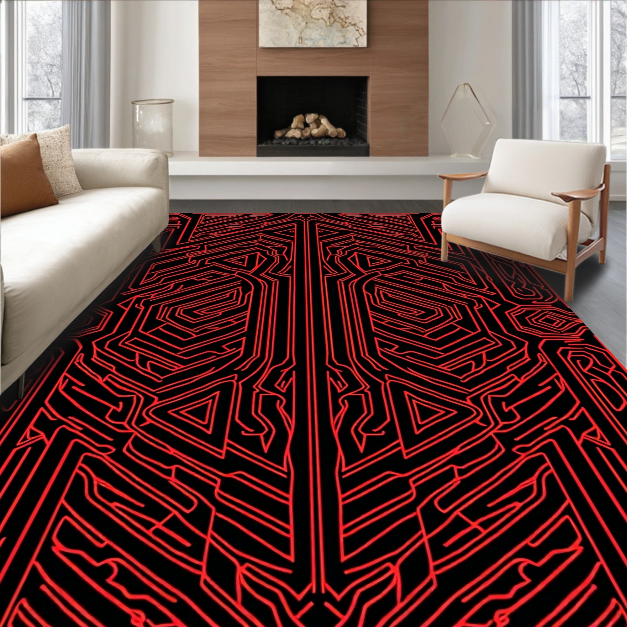 Cybernetic Tribal Red Geometric Maze Rug