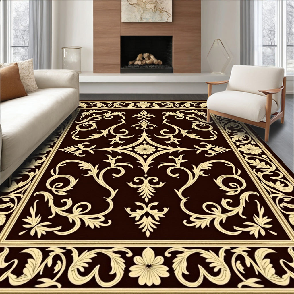 Ornate Tan Floral Damask Brown Rug