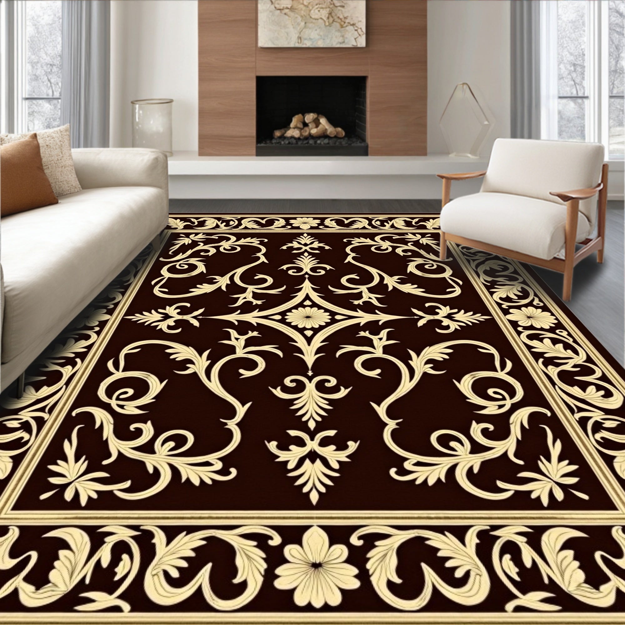 Ornate Tan Floral Damask Brown Rug
