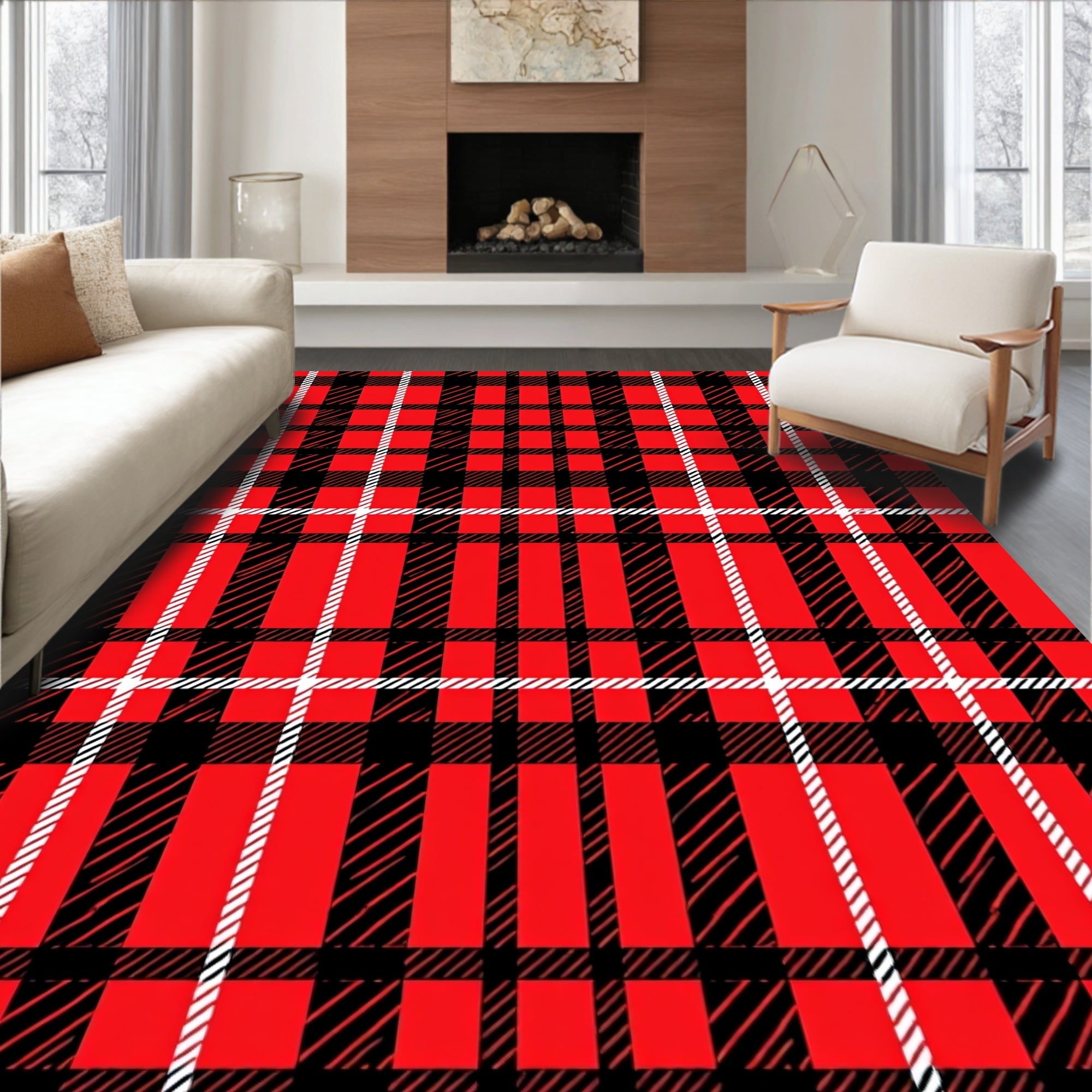 Crimson and Black Plaid Checkered Rug